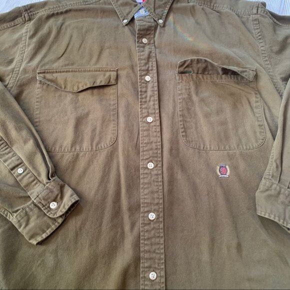 Vintage Grunge 90’s Olive Green Tommy Hilfiger Crest Logo Shirt M - Picture 8 of 9